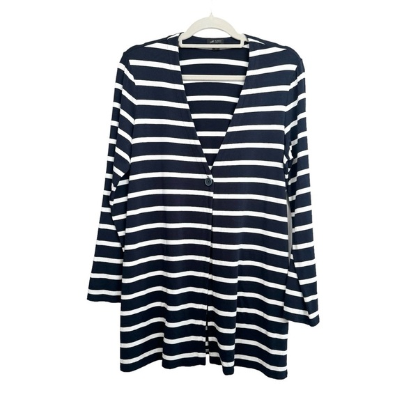 J. Jill Wearever Women’s Striped Long Cardigan Navy Blue Medium Knit Jersey - Picture 1 of 8